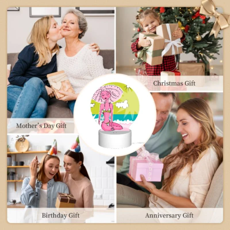 Round Acrylic Night Light, A cartoon woman with pink hair and a bikini sits on a beach. Round Acrylic Night Light, A Cartoon Woman With Pink Hair And A Bikini Sits On A Beach. -Pattern Night Light 018e282c29fca09c2b760978ceaf636a824b6ee8