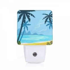 Night Light, A Blue And Yellow Beach Scene With Palm Trees And A Mountain In The Background.