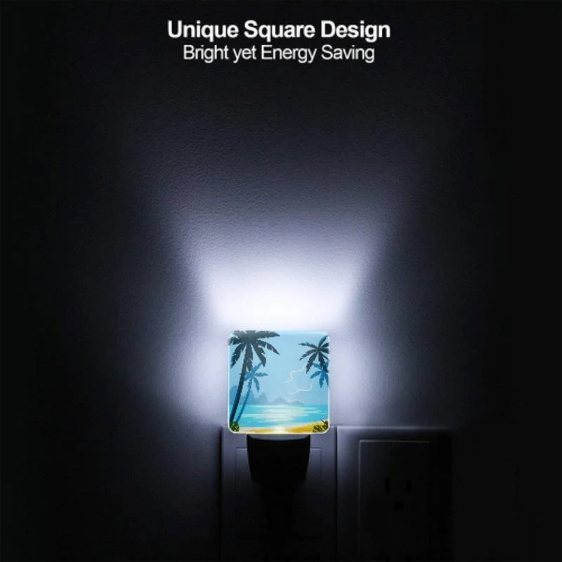 Night Light, A blue and yellow beach scene with palm trees and a mountain in the background. Night Light, A Blue And Yellow Beach Scene With Palm Trees And A Mountain In The Background. -Pattern Night Light 023953d8b654e91d1c66e4b285f1716aa2375add