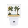 Night Light, A Cartoon Drawing Of A Tropical Island With Two Palm Trees And A Sun.
