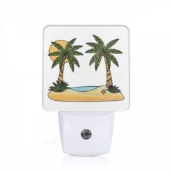 Night Light, A Cartoon Drawing Of A Tropical Island With Two Palm Trees And A Sun.