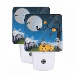 Night Light Set Of 2, A Tree With A Spider Web And Pumpkins Hanging From It.