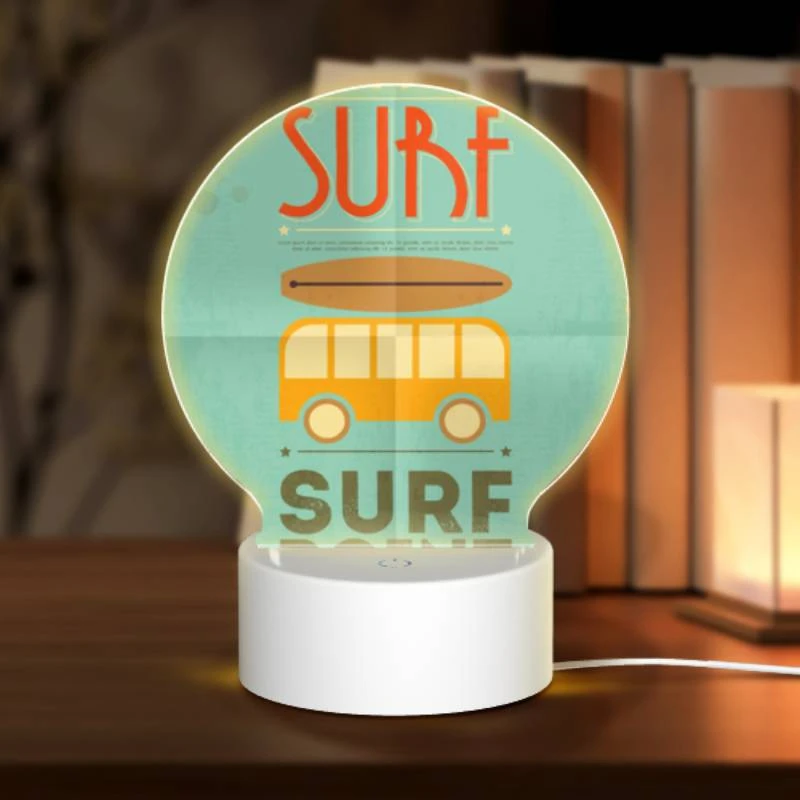 Round Acrylic Night Light, A surfboard is on top of a bus. Round Acrylic Night Light, A Surfboard Is On Top Of A Bus. -Pattern Night Light 03190dab6975c59a5a156f38ab4f029f2b6442fe