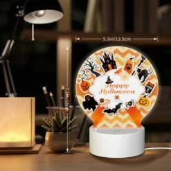 Round Acrylic Night Light, A Colorful Sticker With A Witch On It And The Words "Happy Halloween" On It. -Pattern Night Light 0384ccd56efe1d80a4aa510fdc2bd109f95a53ed