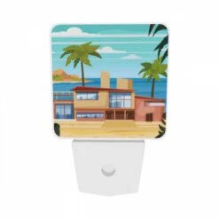 Night Light Set Of 2, A House Is Situated On A Beach With A Palm Tree In Front Of It. -Pattern Night Light 047757e11e5ce456930412474ec733747daabab9