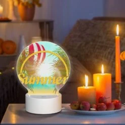 Round Acrylic Night Light, A Colorful Hot Air Balloon Is Flying Over A Beach With A Yellow Sign That Says "Summer." 8 Round Acrylic Night Light, A Colorful Hot Air Balloon Is Flying Over A Beach With A Yellow Sign That Says "Summer." -Pattern Night Light 058a6733cb4b6287340a4fd1efb12a820115bfc4