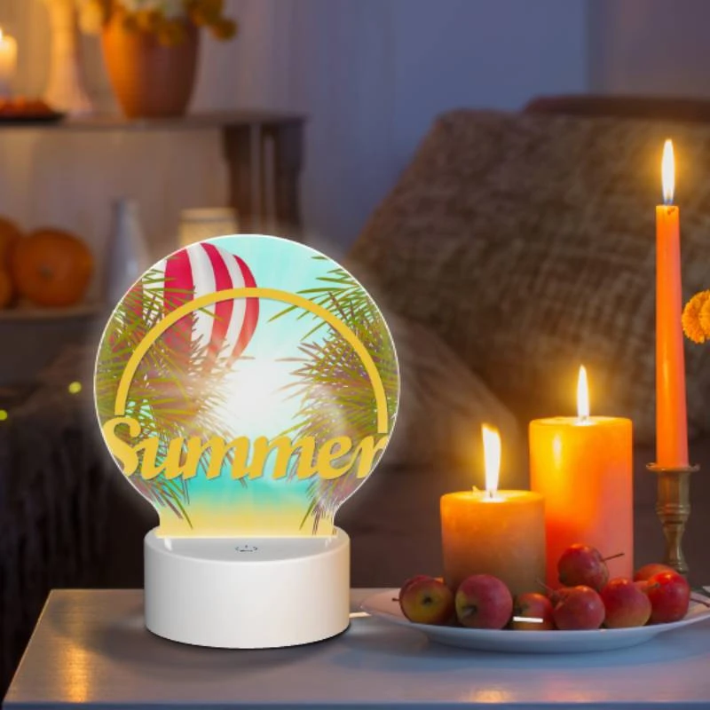 Round Acrylic Night Light, A colorful hot air balloon is flying over a beach with a yellow sign that says "Summer." Round Acrylic Night Light, A Colorful Hot Air Balloon Is Flying Over A Beach With A Yellow Sign That Says "Summer." -Pattern Night Light 058a6733cb4b6287340a4fd1efb12a820115bfc4