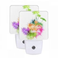 Night Light Set Of 2, A Colorful Image Of A Palm Tree And A Beach.