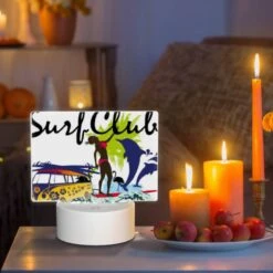 Rectangular Acrylic Night Light, A Woman Is Surfing On A Surfboard In Front Of A Yellow And Blue Van. 8 Rectangular Acrylic Night Light, A Woman Is Surfing On A Surfboard In Front Of A Yellow And Blue Van. -Pattern Night Light 0974b8e3ea5c256c6ff18ce88e21e080d56f369a