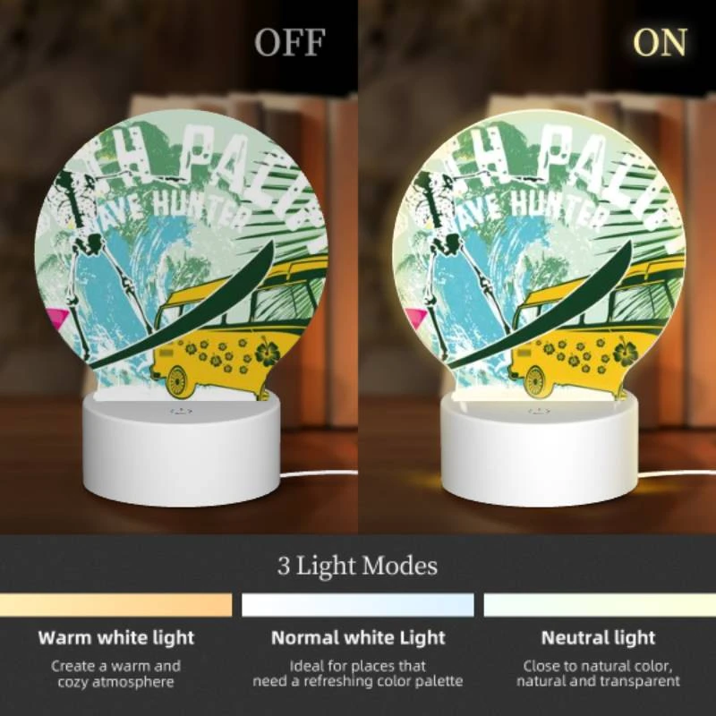 Round Acrylic Night Light, A surfboard with a skeleton on it is next to a bus. Round Acrylic Night Light, A Surfboard With A Skeleton On It Is Next To A Bus. -Pattern Night Light 0ae14aa47c0b4db937bf4c5f2bdd9f1641e182b8