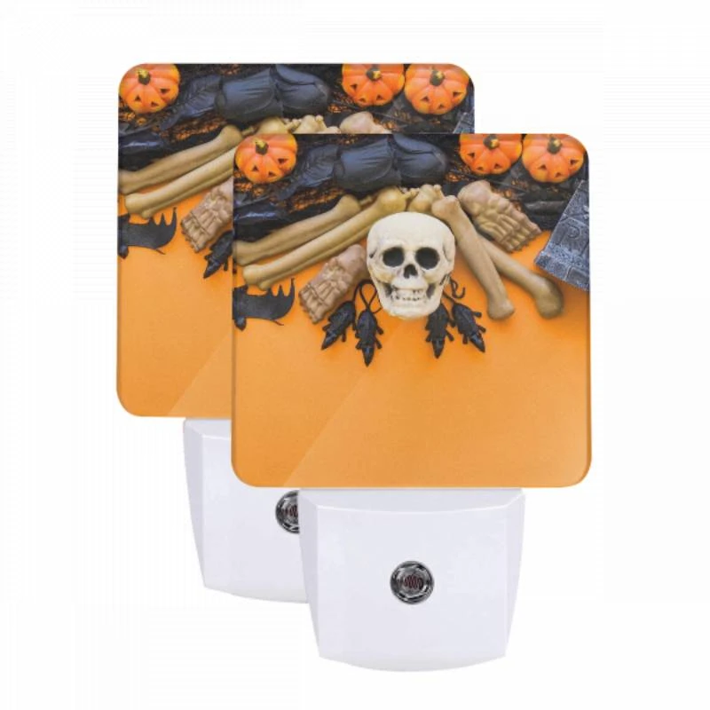 Night Light Set of 2, A skeleton and a skull are on a table with a bat and a book. Night Light Set Of 2, A Skeleton And A Skull Are On A Table With A Bat And A Book. -Pattern Night Light 0baa8cf110aa522e3e63cf9d5a9bc84f46161d0d