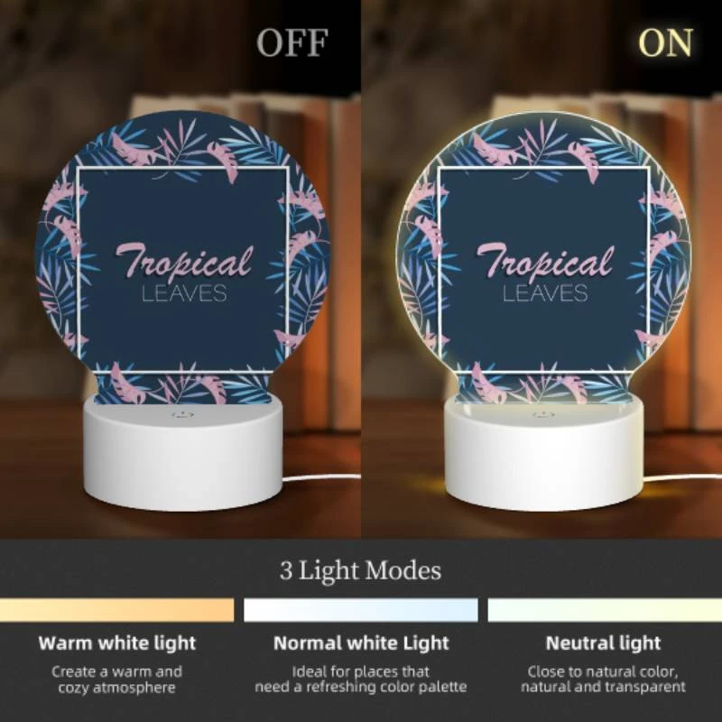 Round Acrylic Night Light, A tropical leaves design with a pink and blue color scheme. Round Acrylic Night Light, A Tropical Leaves Design With A Pink And Blue Color Scheme. -Pattern Night Light 0c5730a5c674ecd92a3737582c9779fde8a787b9