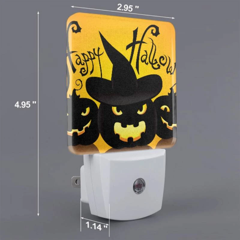 Night Light Set of 2, Three black and yellow pumpkins are shown with a witch's hat on top of each one. Night Light Set Of 2, Three Black And Yellow Pumpkins Are Shown With A Witch's Hat On Top Of Each One. -Pattern Night Light 0d00c308f2a324fa6846d7c985ae6be626a04a64