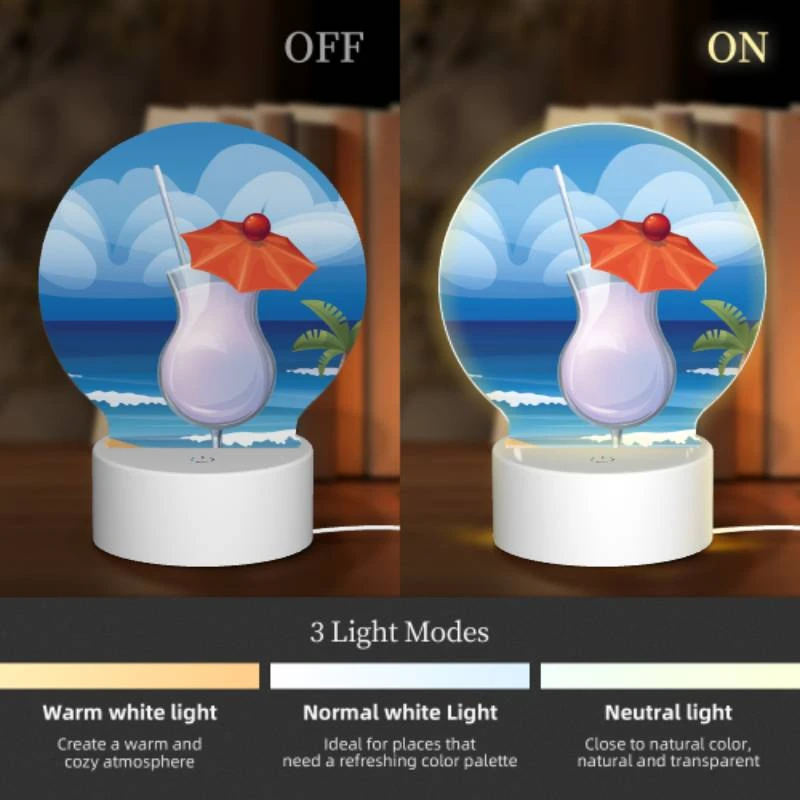 Round Acrylic Night Light, A cocktail with a cherry on top is sitting on a beach. Round Acrylic Night Light, A Cocktail With A Cherry On Top Is Sitting On A Beach. -Pattern Night Light 0de2b7b33cf5a8a1e03166566a611d567d049fd2
