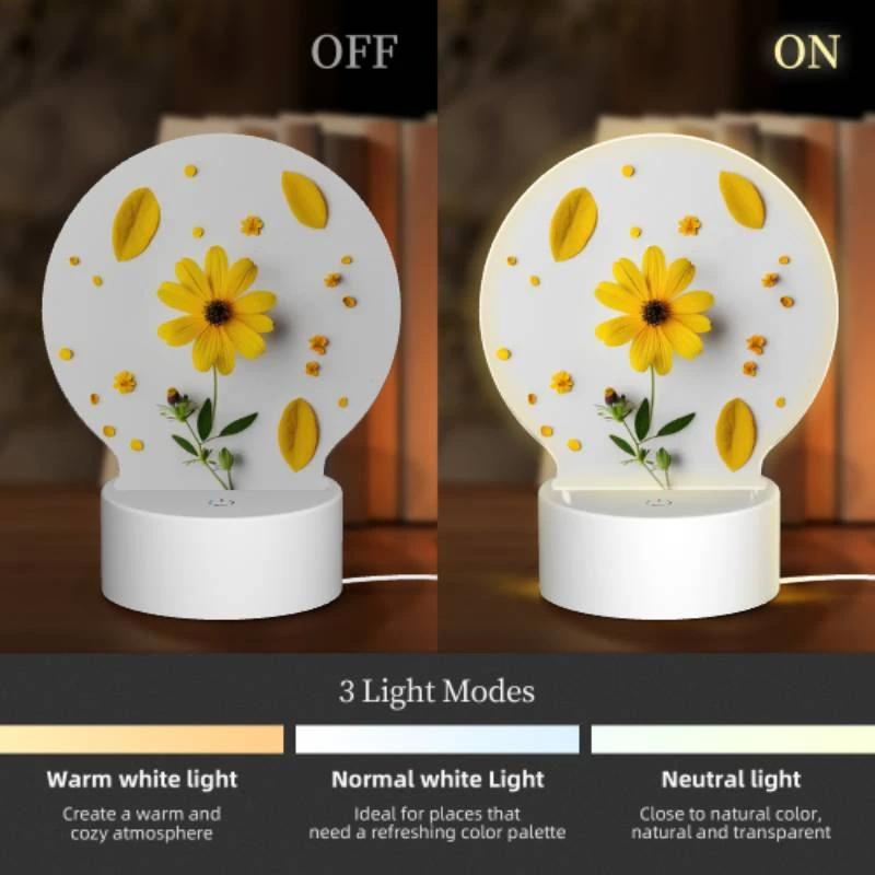Round Acrylic Night Light, A yellow flower with yellow petals and green leaves is placed on a white surface. Round Acrylic Night Light, A Yellow Flower With Yellow Petals And Green Leaves Is Placed On A White Surface. -Pattern Night Light 0fa66d15d8c7574631c9dfffe1c026637d0722d5