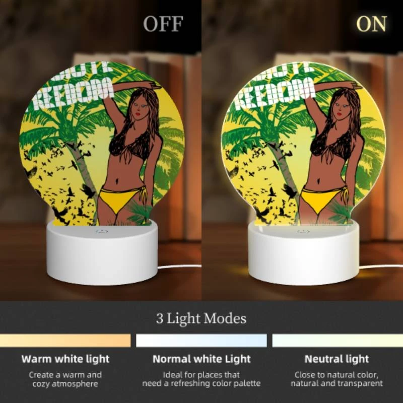 Round Acrylic Night Light, A woman with a yellow bikini is standing in front of a tree with birds flying around her. Round Acrylic Night Light, A Woman With A Yellow Bikini Is Standing In Front Of A Tree With Birds Flying Around Her. -Pattern Night Light 0fd29ecff509853edd683bb73066193fc2deb45e