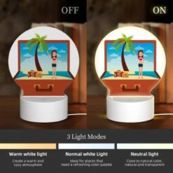 Round Acrylic Night Light, A Woman Is Standing On A Beach With A Suitcase And A Palm Tree. -Pattern Night Light 0fec399af8684c1d9d331928af6a57d02b08cf68