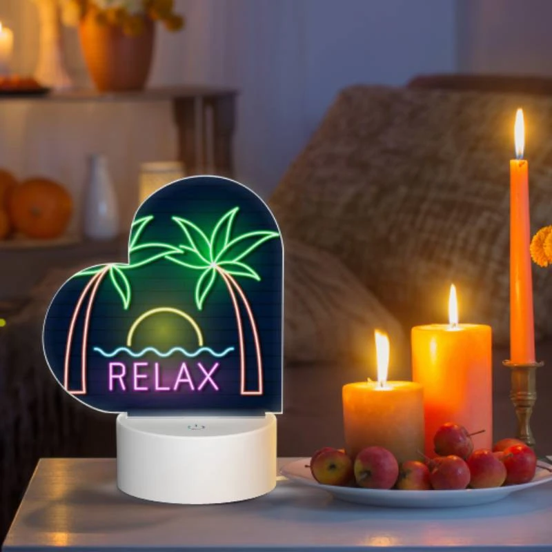 Love Acrylic Night Light, A neon sign that says "Relax" with palm trees in the background. Love Acrylic Night Light, A Neon Sign That Says "Relax" With Palm Trees In The Background. -Pattern Night Light 10e2d8ffbef6d2f0ab24c7a1c5b6cec543b36336