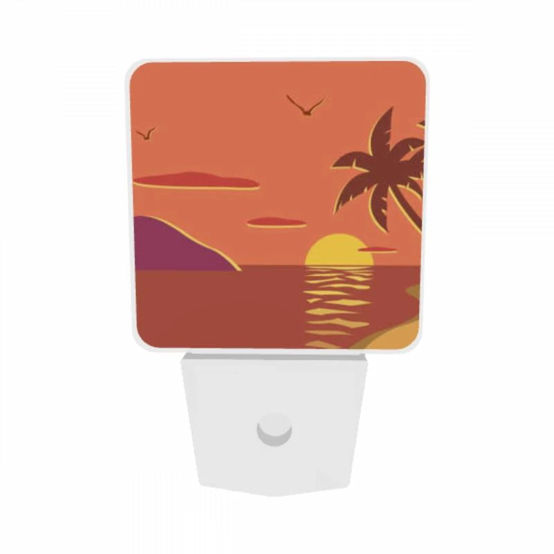 Night Light Set of 2, A sunset with a palm tree and birds in the sky. Night Light Set Of 2, A Sunset With A Palm Tree And Birds In The Sky. -Pattern Night Light 111e7528251f0176517d6c429729f137128b52a3