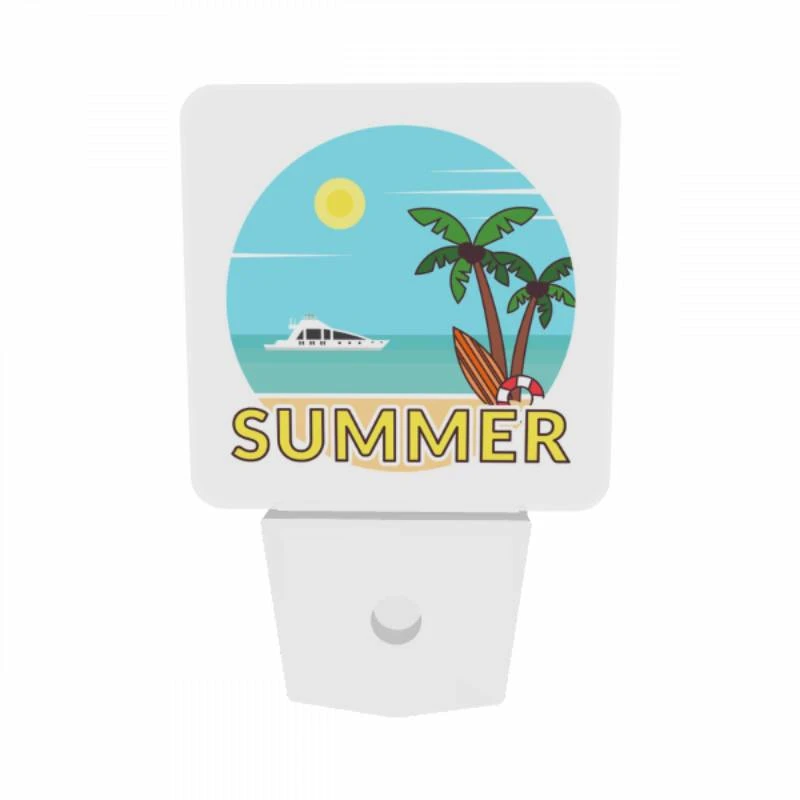Night Light Set of 2, A cartoon of a beach with a surfboard and a boat. Night Light Set Of 2, A Cartoon Of A Beach With A Surfboard And A Boat. -Pattern Night Light 115670fb644e340de4da236b0156e74b99bbb332
