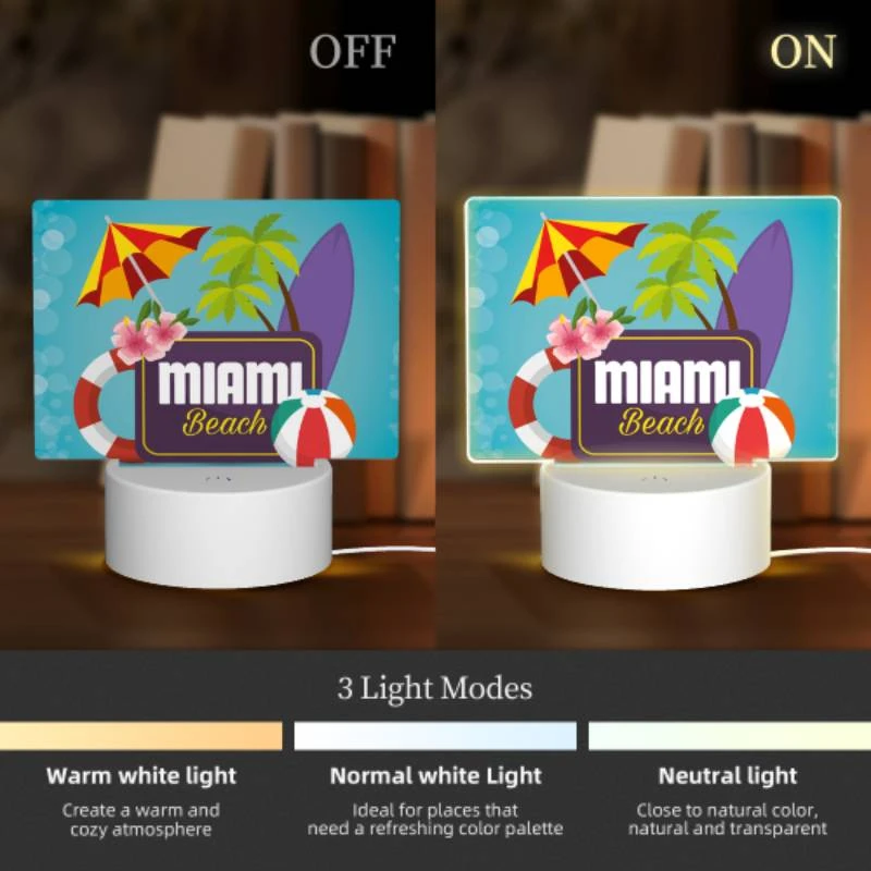 Rectangular Acrylic Night Light, A logo for Miami Beach with a surfboard and beach umbrella. Rectangular Acrylic Night Light, A Logo For Miami Beach With A Surfboard And Beach Umbrella. -Pattern Night Light 11683f45e707e5fe33dff794d45245f112cb14bb