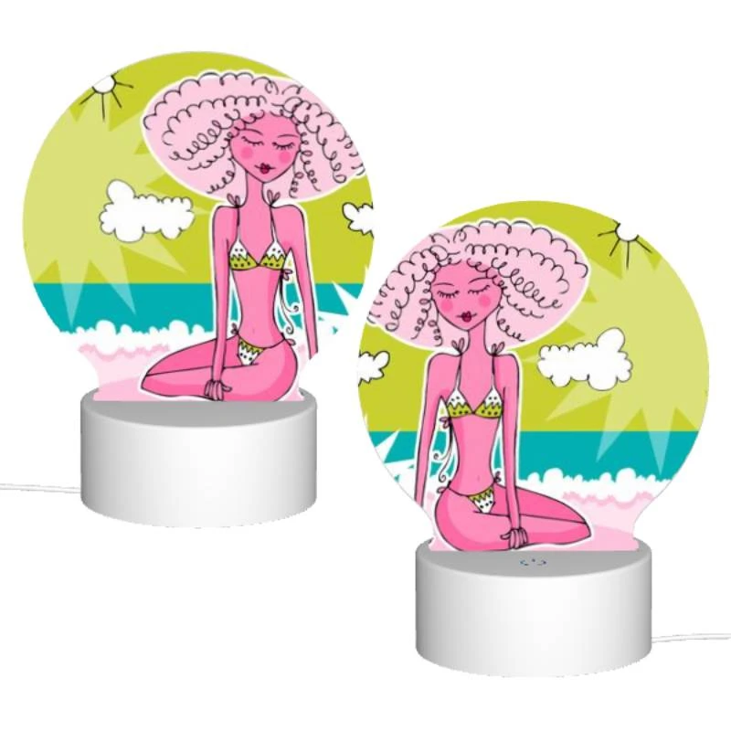 Round Acrylic Night Light, A cartoon woman with pink hair and a bikini sits on a beach. Round Acrylic Night Light, A Cartoon Woman With Pink Hair And A Bikini Sits On A Beach. -Pattern Night Light 122aa88dc8fa5cade852814a036eebcfe81ed539