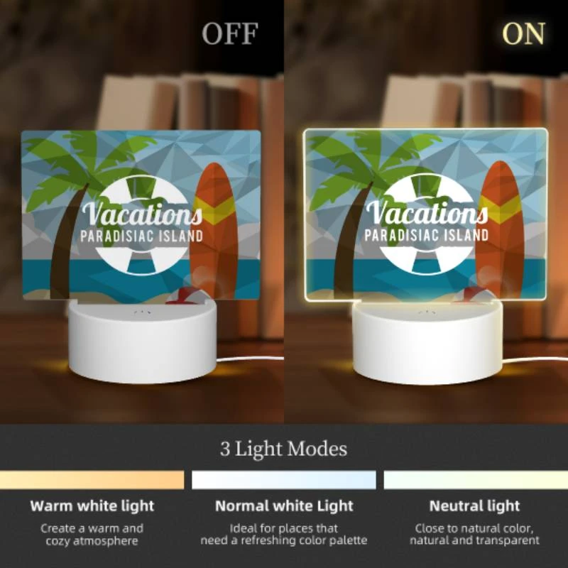 Rectangular Acrylic Night Light, A vacations logo with a palm tree and a surfboard. Rectangular Acrylic Night Light, A Vacations Logo With A Palm Tree And A Surfboard. -Pattern Night Light 12563e0d562d37071deffcc479387b73ec6112d1