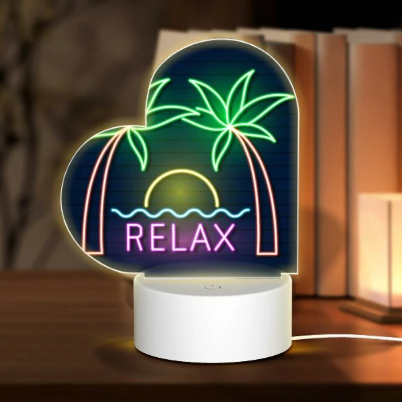 Love Acrylic Night Light, A neon sign that says "Relax" with palm trees in the background. Love Acrylic Night Light, A Neon Sign That Says "Relax" With Palm Trees In The Background. -Pattern Night Light 12ced21c087c7fab91b5fec59eebb5e52c4a0858