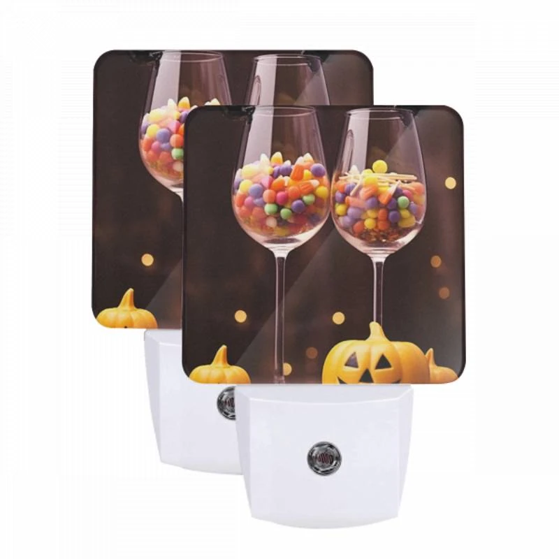 Night Light Set of 2, Two wine glasses filled with candy and a pumpkin. Night Light Set Of 2, Two Wine Glasses Filled With Candy And A Pumpkin. -Pattern Night Light 1396c851ed438f5b700c4832d20fdf3616c3b3fd