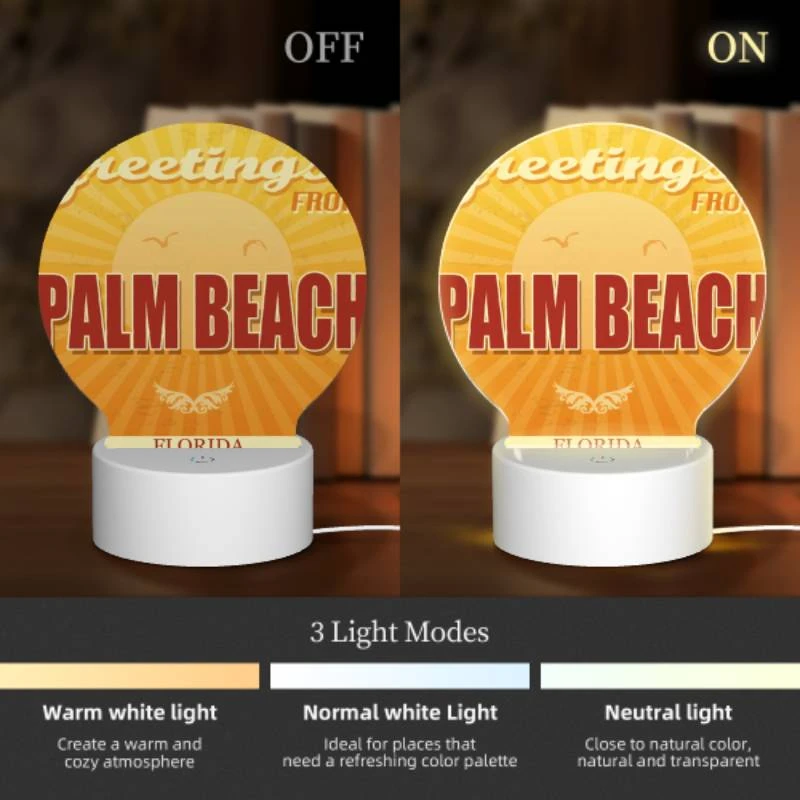 Round Acrylic Night Light, A sunny beach scene with a yellow background and a sun in the top left corner. Round Acrylic Night Light, A Sunny Beach Scene With A Yellow Background And A Sun In The Top Left Corner. -Pattern Night Light 13f3ef1b10d0568ded3dd46292a087fad01e7335