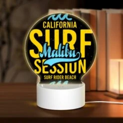 Round Acrylic Night Light, A Surfboard With The Words California Surf Session On It.