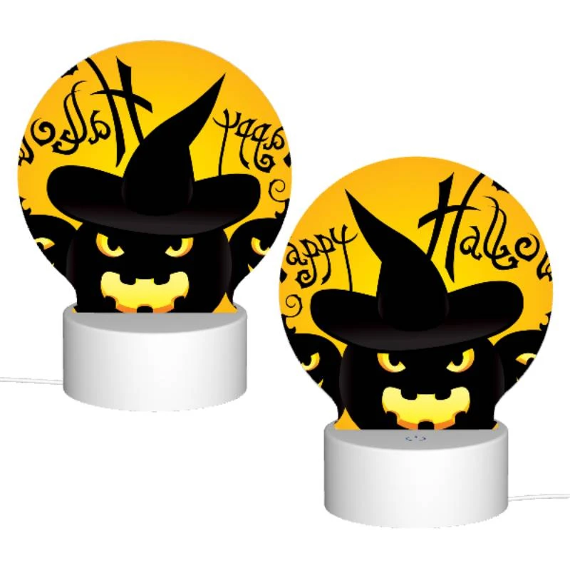 Round Acrylic Night Light, Three black and yellow pumpkins are shown with a witch's hat on top of each one. Round Acrylic Night Light, Three Black And Yellow Pumpkins Are Shown With A Witch's Hat On Top Of Each One. -Pattern Night Light 16a7219b8407cbdfa77c305bcfc13379f4f3a5b6