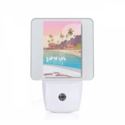 Night Light, A Colorful Cartoon Of A Beach With A House And Palm Trees.