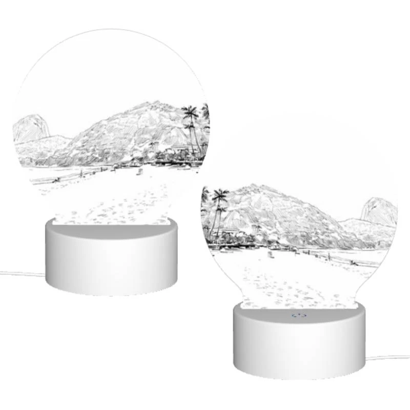 Round Acrylic Night Light, A black and white drawing of a beach with palm trees and a mountain in the background. Round Acrylic Night Light, A Black And White Drawing Of A Beach With Palm Trees And A Mountain In The Background. -Pattern Night Light 1841c5f8cf9ab7d55acfaa26a0fce30591bc8a25