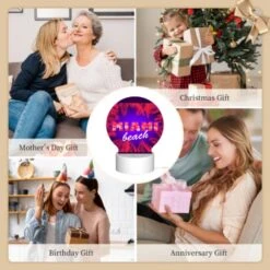 Round Acrylic Night Light, A Colorful Image Of A Beach With Palm Trees And The Word "Miami" Written In Red. 9 Round Acrylic Night Light, A Colorful Image Of A Beach With Palm Trees And The Word "Miami" Written In Red. -Pattern Night Light 1860c2099f79f8e2f3fabdd6e36f06bb4e8a3883