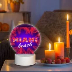 Round Acrylic Night Light, A Colorful Image Of A Beach With Palm Trees And The Word "Miami" Written In Red. 8 Round Acrylic Night Light, A Colorful Image Of A Beach With Palm Trees And The Word "Miami" Written In Red. -Pattern Night Light 1868d7d9bab507be5fedacdcdd3b524dd7026b0e