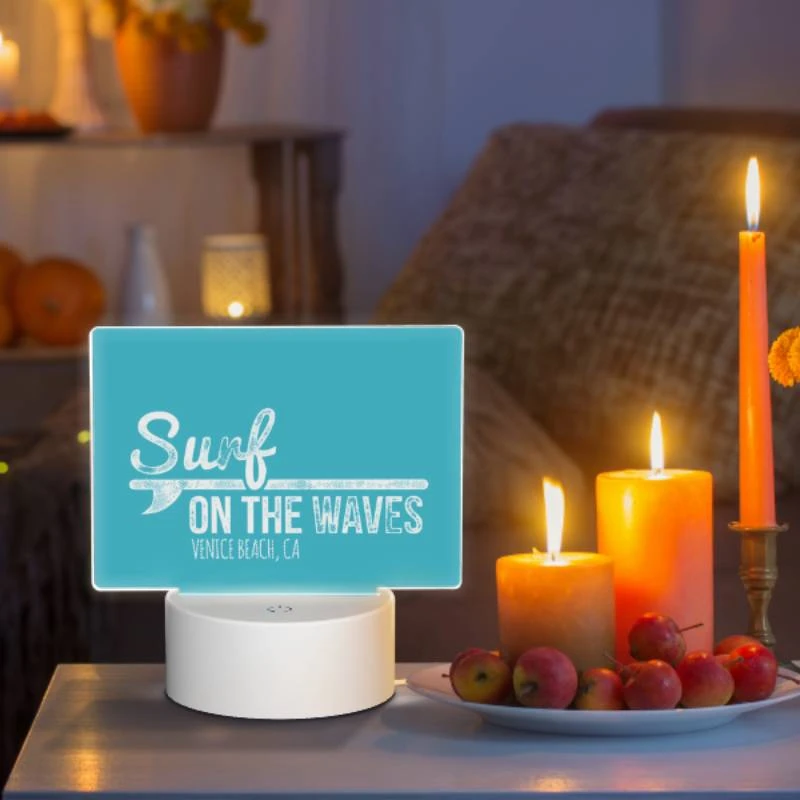 Rectangular Acrylic Night Light, A blue sign that says "Surf on the waves" with a picture of a surfboard. Rectangular Acrylic Night Light, A Blue Sign That Says "Surf On The Waves" With A Picture Of A Surfboard. -Pattern Night Light 191adc2d84c048243234a8b1bbb09cf942248950