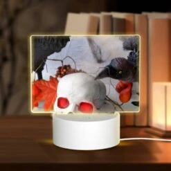 Rectangular Acrylic Night Light, A Black Bird Is Pecking At A White Skull.