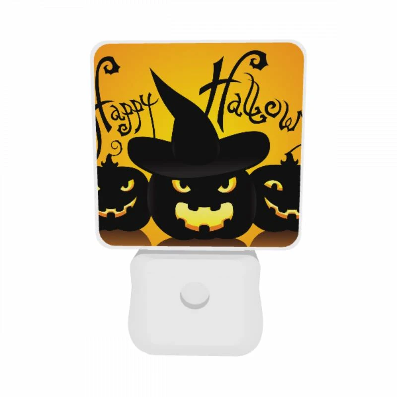 Night Light Set of 2, Three black and yellow pumpkins are shown with a witch's hat on top of each one. Night Light Set Of 2, Three Black And Yellow Pumpkins Are Shown With A Witch's Hat On Top Of Each One. -Pattern Night Light 1b2953896576680f9f611cf468fd7002720ca499
