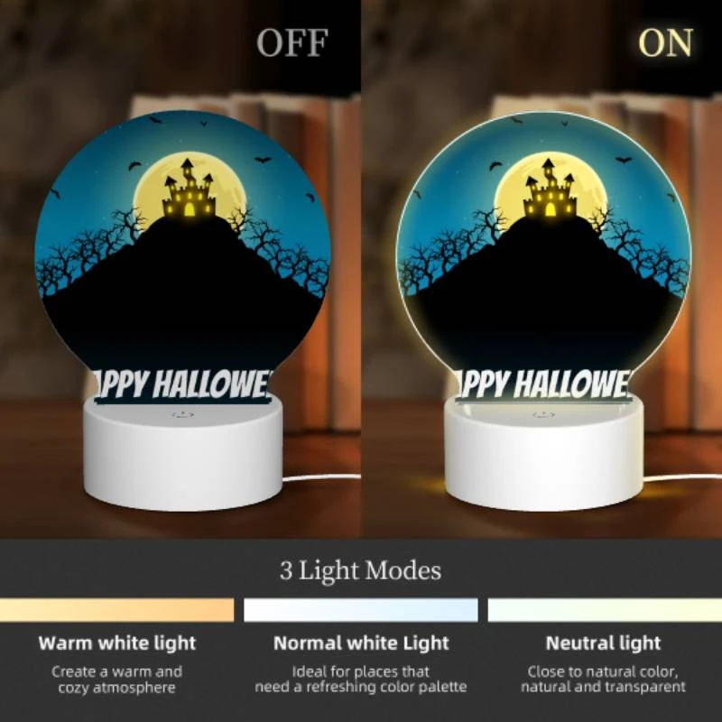 Round Acrylic Night Light, A Halloween poster with a castle and bats in the sky. Round Acrylic Night Light, A Halloween Poster With A Castle And Bats In The Sky. -Pattern Night Light 1ba4ed54930d3b8eacbd29bf314471708ee9fc12
