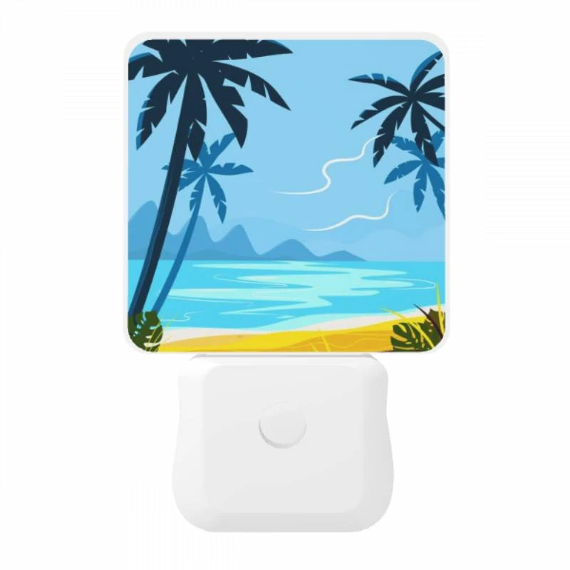Night Light, A blue and yellow beach scene with palm trees and a mountain in the background. Night Light, A Blue And Yellow Beach Scene With Palm Trees And A Mountain In The Background. -Pattern Night Light 1e1aabb00bac833542e5e94aefe881f7a4fe98fa