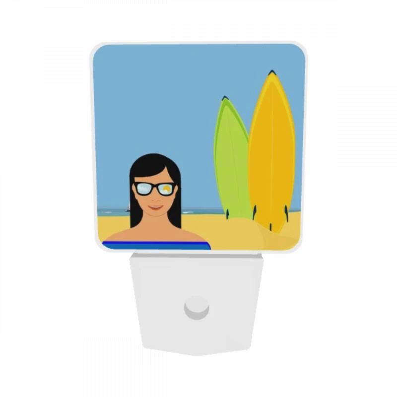 Night Light Set of 2, A woman wearing glasses is standing in front of two surfboards. Night Light Set Of 2, A Woman Wearing Glasses Is Standing In Front Of Two Surfboards. -Pattern Night Light 1ead5e62b47aac37c81610df9c96669c19c4a4bb