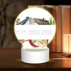 Round Acrylic Night Light, A Colorful Poster Of Mexico With A Variety Of Foods And Landmarks.