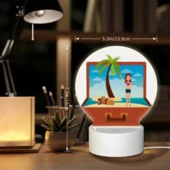 Round Acrylic Night Light, A Woman Is Standing On A Beach With A Suitcase And A Palm Tree. -Pattern Night Light 21890754f31ddba136190e2a9341476b6a5fb1fb
