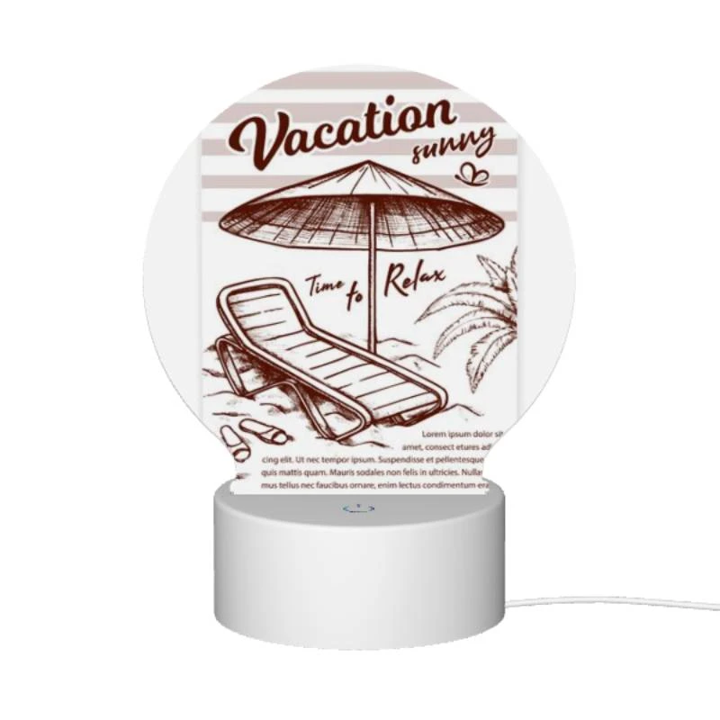 Round Acrylic Night Light, A beach umbrella is open and shading a lounge chair. Round Acrylic Night Light, A Beach Umbrella Is Open And Shading A Lounge Chair. -Pattern Night Light 237c4020e601f72f1bb81b77f308920d09f30e9a