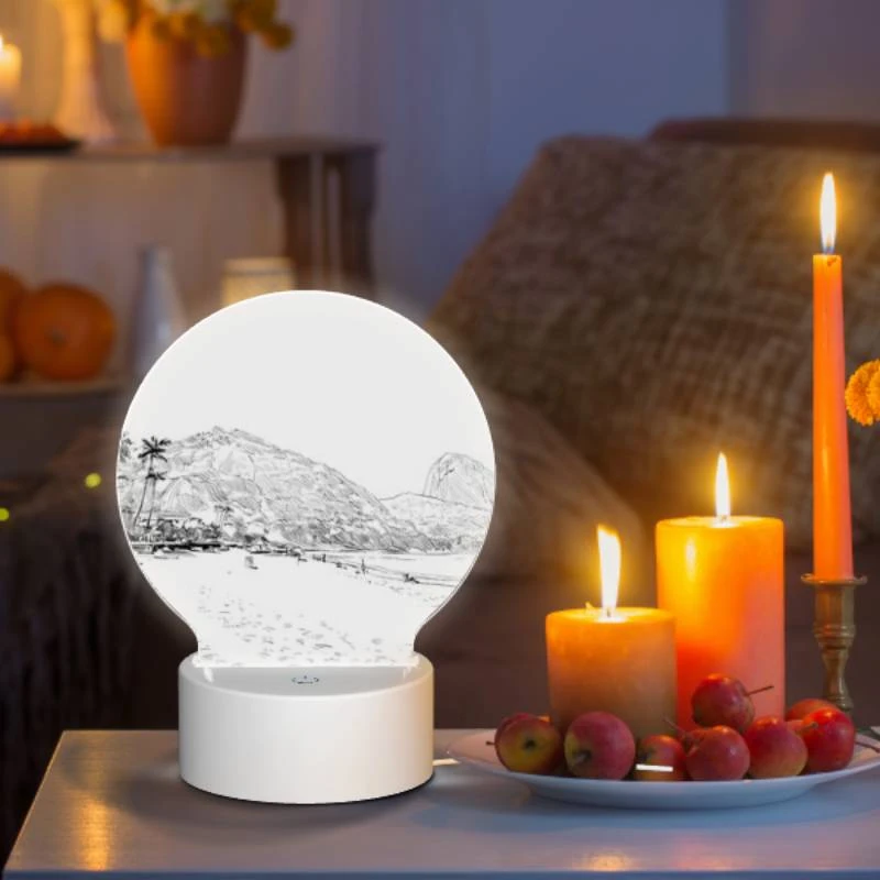 Round Acrylic Night Light, A black and white drawing of a beach with palm trees and a mountain in the background. Round Acrylic Night Light, A Black And White Drawing Of A Beach With Palm Trees And A Mountain In The Background. -Pattern Night Light 23e91376c6fdec9dab534b75a6a25755a2b5e454