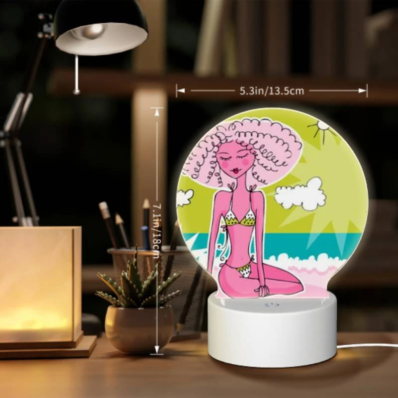Round Acrylic Night Light, A cartoon woman with pink hair and a bikini sits on a beach. Round Acrylic Night Light, A Cartoon Woman With Pink Hair And A Bikini Sits On A Beach. -Pattern Night Light 24155a2fd75931e30ed6a90d238fe572514e13bb