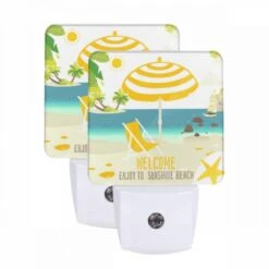 Night Light Set Of 2, A Yellow And White Umbrella Is Set Up On A Beach