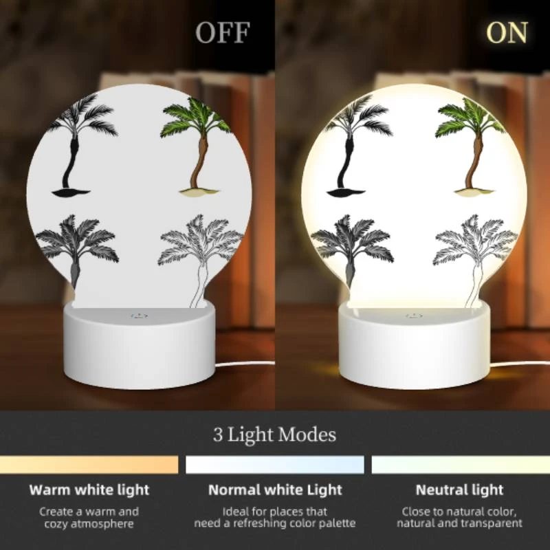 Round Acrylic Night Light, Four different types of palm trees are shown in silhouette. Round Acrylic Night Light, Four Different Types Of Palm Trees Are Shown In Silhouette. -Pattern Night Light 25f2f2d5f2145865ee4b3c35da84d188010a4c3c