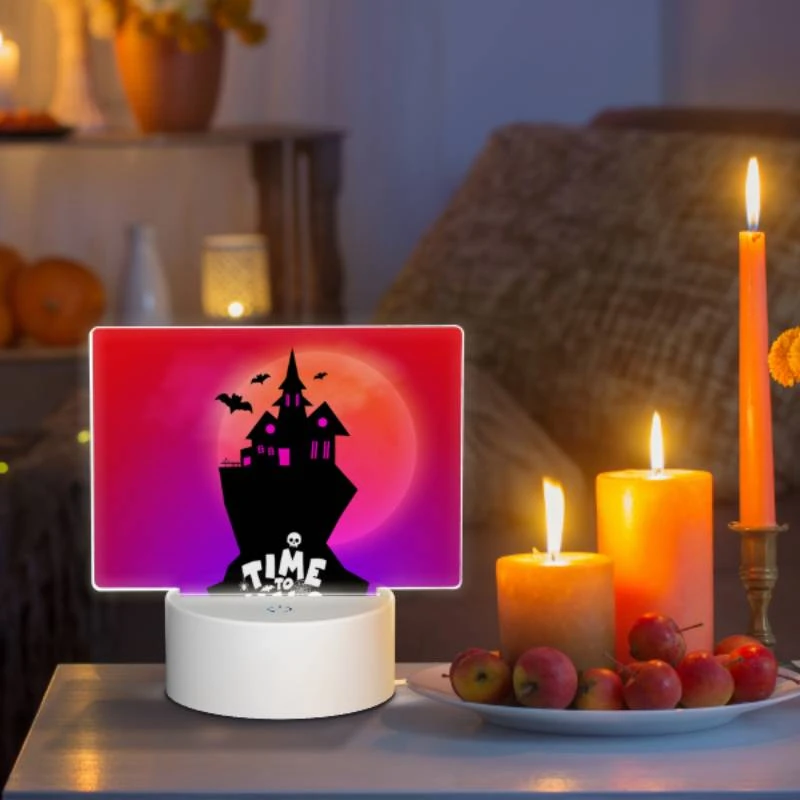 Rectangular Acrylic Night Light, A black and white image of a haunted house with a pink roof and a moon in the background. Rectangular Acrylic Night Light, A Black And White Image Of A Haunted House With A Pink Roof And A Moon In The Background. -Pattern Night Light 279d7fffd97a03f537687e3f5fff5bd6b528b17d